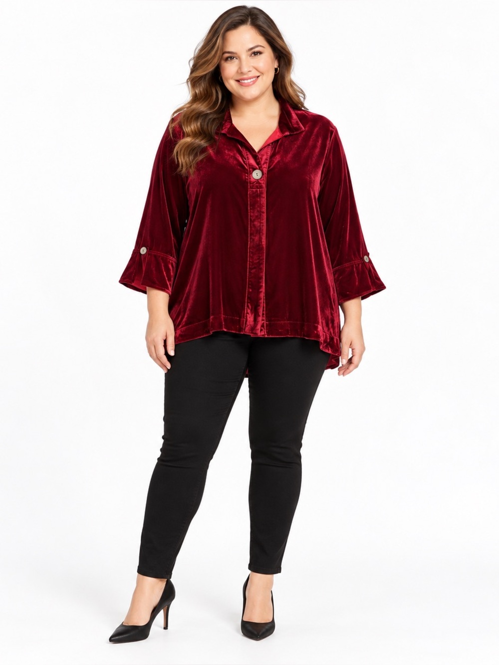 NWT John Mark Ruby Red Velvet Stretch Top Women’s Plus Size Button Up Blouse 1X